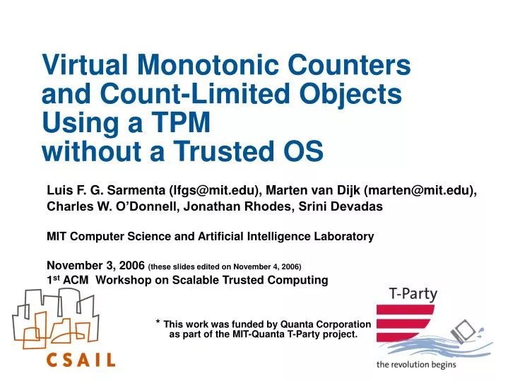 virtual monotonic counters and count limited objects using a tpm without a trusted os