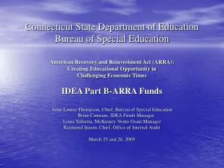 Connecticut State Department of Education Bureau of Special Education