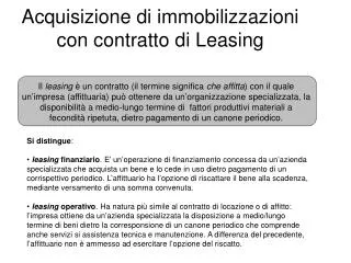 Acquisizione di immobilizzazioni con contratto di Leasing