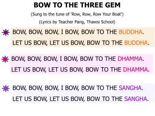 BOW TO THE THREE GEM (Sung to the tune of ‘Row, Row, Row Your Boat’) (Lyrics by Teacher Pang, Thawsi School)