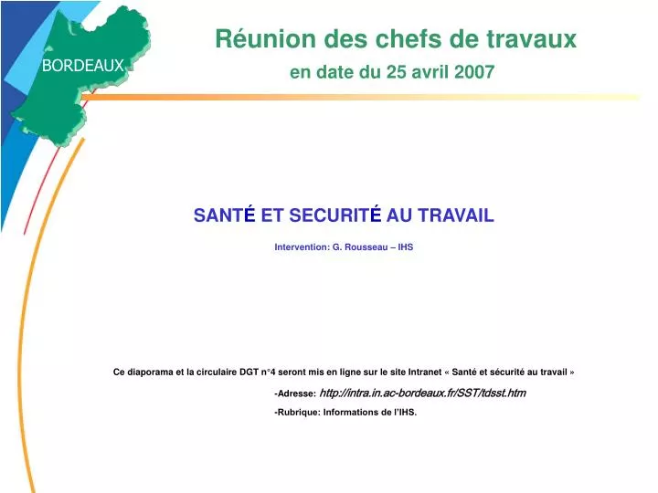 r union des chefs de travaux en date du 25 avril 2007