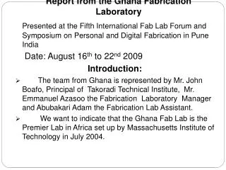 Report from the Ghana Fabrication Laboratory