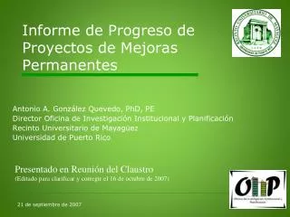 informe de progreso de proyectos de mejoras permanentes