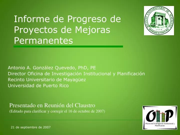 informe de progreso de proyectos de mejoras permanentes