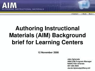 Authoring Instructional Materials (AIM) Background brief for Learning Centers