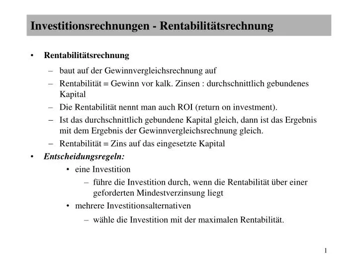 investitionsrechnungen rentabilit tsrechnung