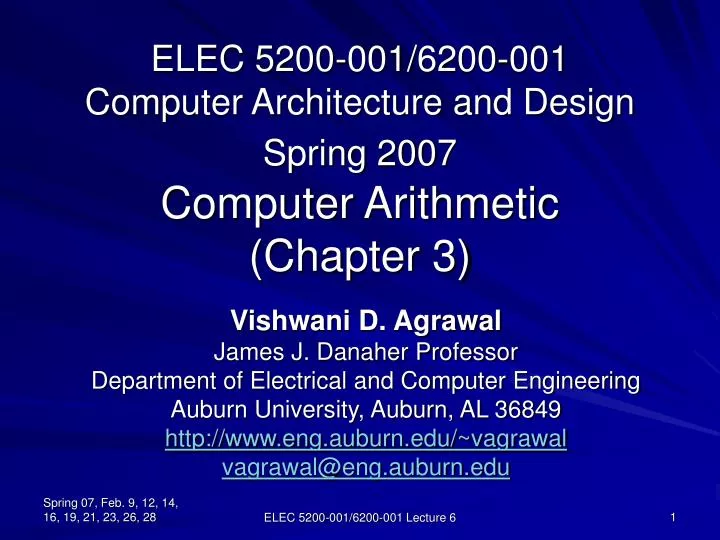 elec 5200 001 6200 001 computer architecture and design spring 2007 computer arithmetic chapter 3