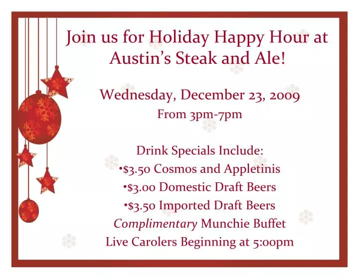 join us for holiday happy hour at austin s steak and ale