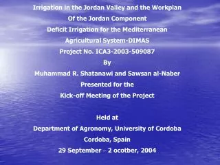 Irrigation in the Jordan Valley and the Workplan Of the Jordan Component Deficit Irrigation for the Mediterranean Agric