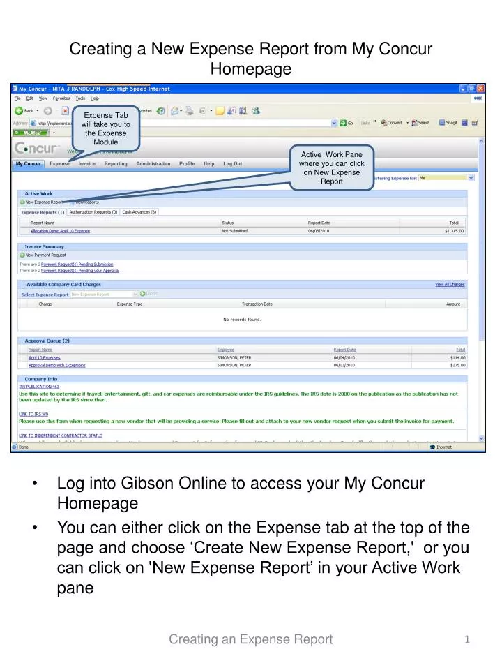 creating a new expense report from my concur homepage