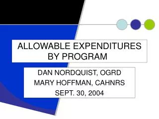 ALLOWABLE EXPENDITURES BY PROGRAM