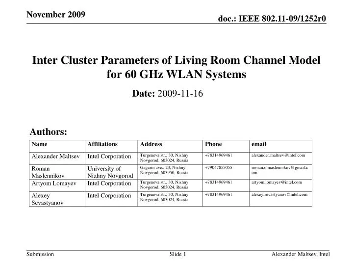 inter cluster parameters of living room channel model for 60 ghz wlan systems