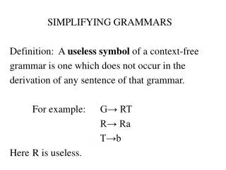 SIMPLIFYING GRAMMARS Definition: A useless symbol of a context-free grammar is one which does not occur in the