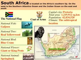 South Africa is located on the Africa's southern tip. On the west is the Southern Atlantics Ocean and the Indian Ocean