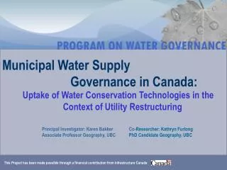 Municipal Water Supply 			G overnance in Canada: