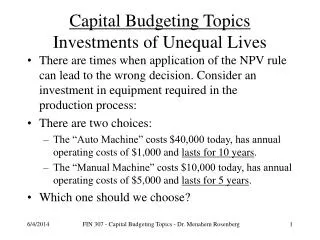 Capital Budgeting Topics Investments of Unequal Lives