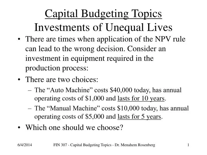 capital budgeting topics investments of unequal lives