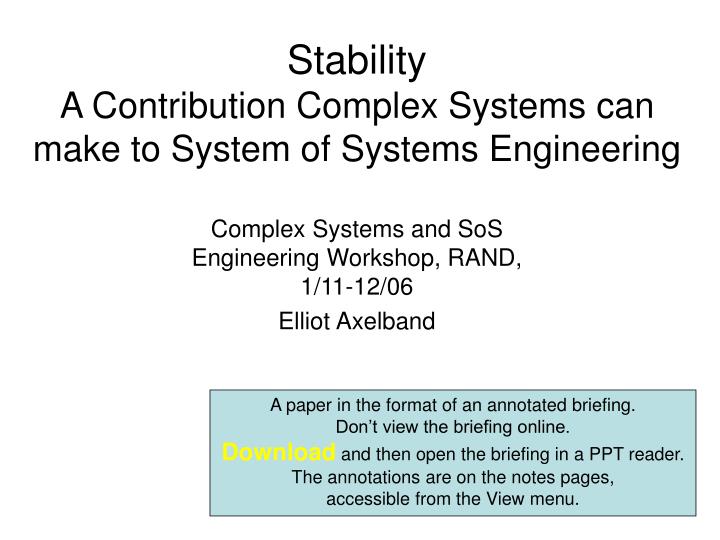 stability a contribution complex systems can make to system of systems engineering