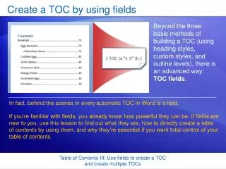 Create a TOC by using fields