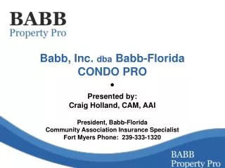 Babb, Inc. dba Babb-Florida CONDO PRO  Presented by: Craig Holland, CAM, AAI President, Babb-Florida Community Associ
