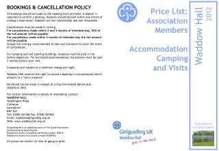 Price List: Association Members Accommodation Camping and Visits