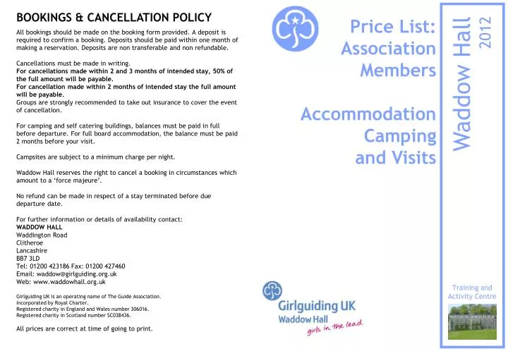 price list association members accommodation camping and visits