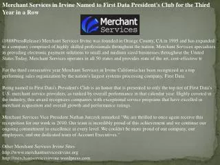 Merchant Services in Irvine Named to First Data President's