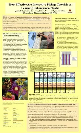 How Effective Are Interactive Biology Tutorials as Learning Enhancement Tools? Jean Heitz, E. Michelle Capes, Robert Jea