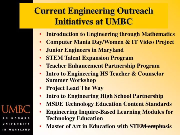 current engineering outreach initiatives at umbc