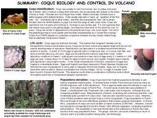 SUMMARY: COQUI BIOLOGY AND CONTROL IN VOLCANO