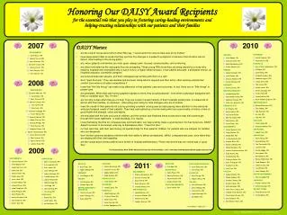 Honoring Our DAISY Award Recipients for the essential role that you play in fostering caring-healing environments and