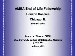 AMSA End of Life Fellowship Horizon Hospice Chicago, IL Summer 2005 Lauren M. Wasson, OMSII Ohio University College of O