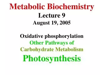 Metabolic Biochemistry Lecture 9 August 19, 2005 Oxidative phosphorylation Other Pathways of Carbohydrate Metabolism Ph