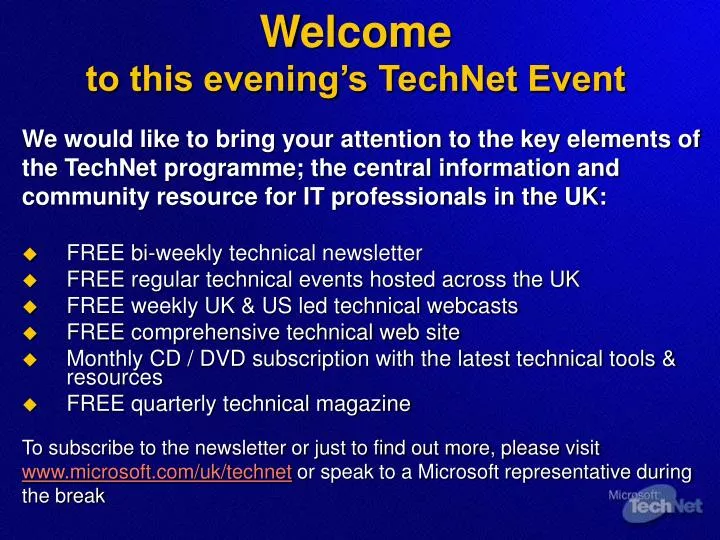 welcome to this evening s technet event