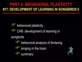 behavioral plasticity CH8: development of learning in songbirds behavioral analysis of birdsong singing in the brain