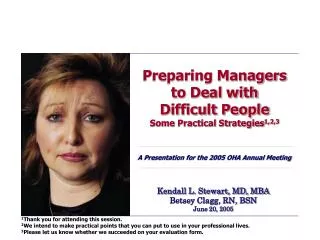 Preparing Managers to Deal with Difficult People Some Practical Strategies 1,2,3 A Presentation for the 2005 OHA Annual