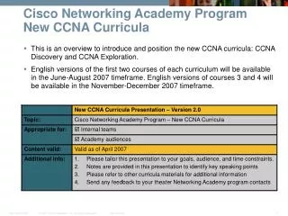 Cisco Networking Academy Program New CCNA Curricula