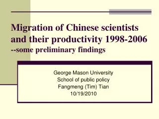 Migration of Chinese scientists and their productivity 1998-2006 --some preliminary findings