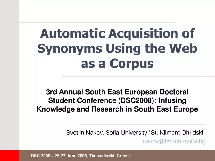 automatic acquisition of synonyms using the web as a corpus