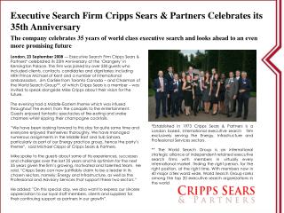 Executive Search Firm Cripps Sears &amp; Partners Celebrates its 35th Anniversary
